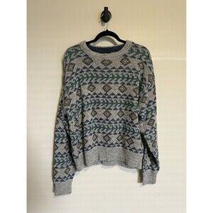 Vintage Large 90s Reed St. John Funky Geometric Cotton Knit Sweater Grey